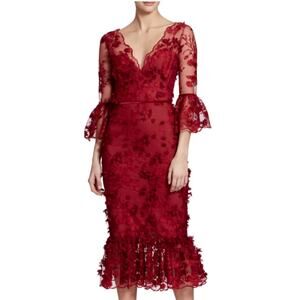 Marchesa Notte 3D Appliqué Flowers Cocktail Midi Dress In Burgundy Red Size 12